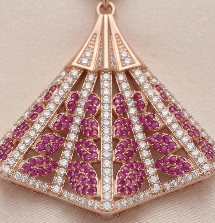 Luxurious 5.2 carat Kashmir Ruby .925 Sterling Silver dipped in 18K Rose Gold handmade Pendant - Close-up of pendant with rubies and diamonds on rose gold setting