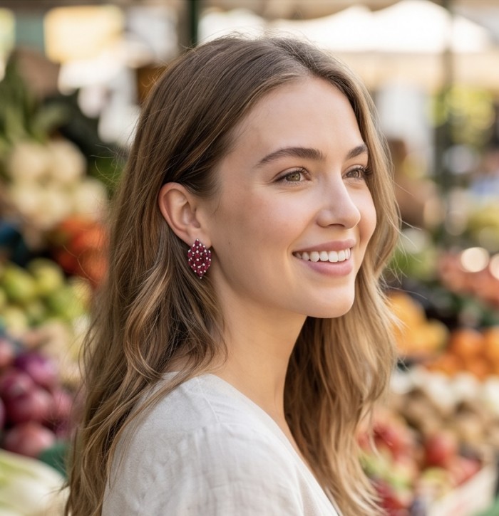 Giuseppina - Magnificent 10.8 carat authentic Ruby rhodium over .925 Sterling Silver handcrafted Statement earrings - Side view of ruby earrings worn by a smiling woman.