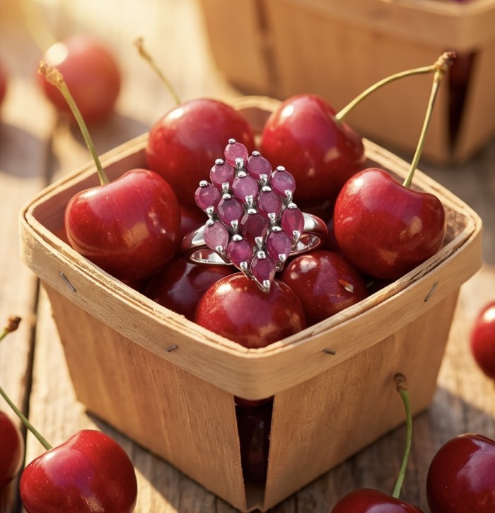 Giuseppina - Magnificent 12.5 carat authentic Ruby rhodium over .925 Sterling Silver handcrafted .925 Silver handcrafted Ring s. 8 - Ruby ring on cherries in a basket, top view.