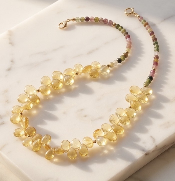 Francesca - briolette cut 28.8 carat Natural Brazilian Citrine TOURMALINE .925 Sterling Silver dipped in 14K Gold handcrafted necklace - Close-up of Francesca necklace with yellow and pink briolette gemstones