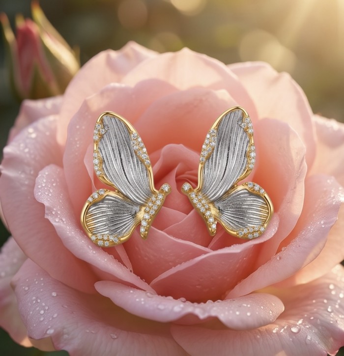 Golden Butterfly White Topaz highly polished 18K Gold over .925 Sterling Silver Italy made Earrings - Golden butterfly earrings on a pink rose, morning dew effect.