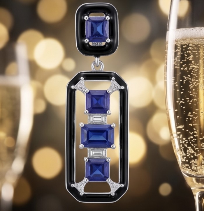 8.5 carat Art Deco Sapphire black enamel .925 Sterling Silver handcrafted Pendant - Art Deco sapphire earring with black enamel, front view, with champagne.