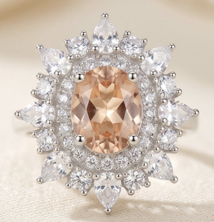 Isabella Authentic emerald cut 4.8 carat Morganite .925 Sterling Silver ring s. 6 - Morganite ring with halo, close-up of the stone and diamond setting.
