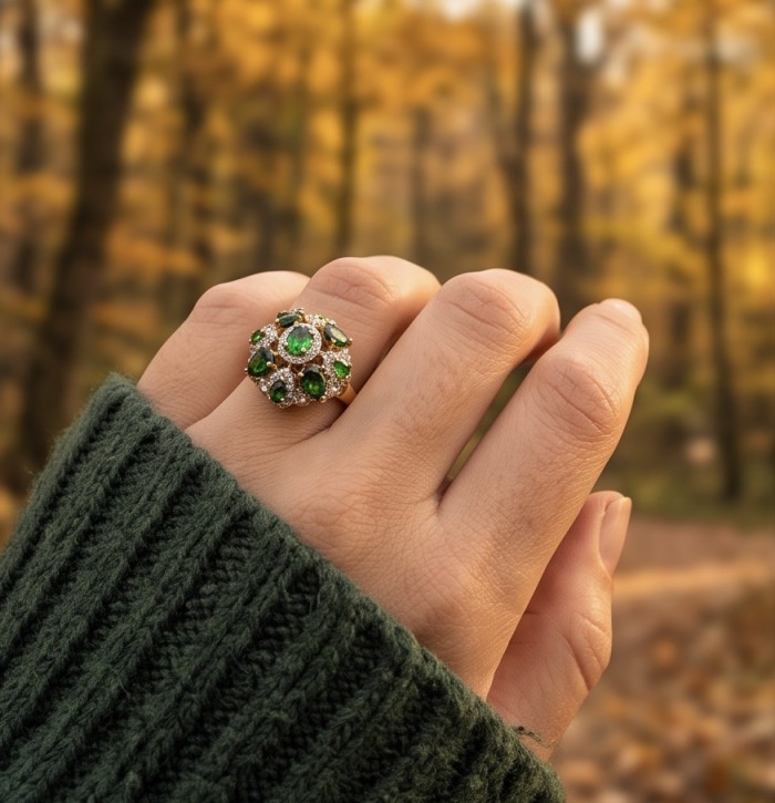 Spectaculat 9.2 carat Travorite Garnet 18K Gold over .925 Sterling Silver Statement Ring size 7 3/4 - Green gemstone ring on hand in autumn setting, close-up view.