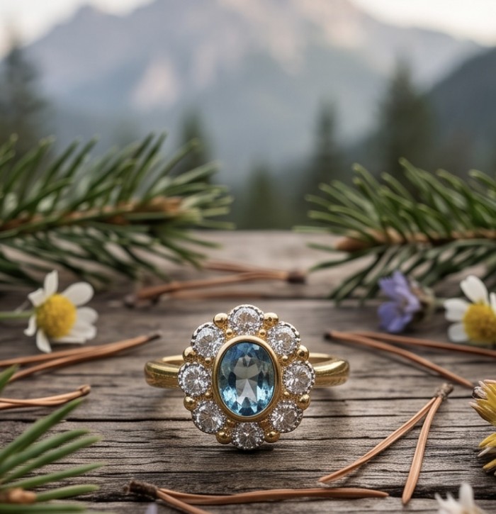 Eau Pure 4.5 carat London Blue Topaz .925 Sterling Silver dippedin 22K Gold Handcrafted Statement Ring size 7 3/4 - Topaz ring with diamonds on wood, mountain backdrop, and floral accents.