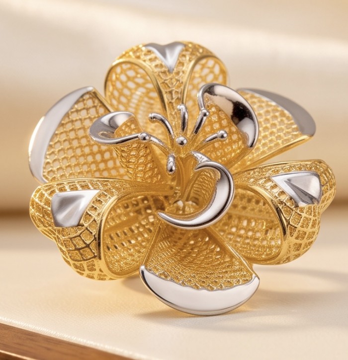 GOLDEN ROSE - Dubai Style - .925 Sterling Silver dipped in 22K Gold handmade Large ring size 6 1/4 - Front view of Dubai-style golden rose jewelry with silver accents
