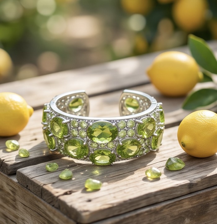 Tiffany - Authentic 45.2 carat Green Tourmaline .925 Sterling Silver handcrafted Statement bangle Bracelet - Green tourmaline bracelet on table with lemons, close-up view.