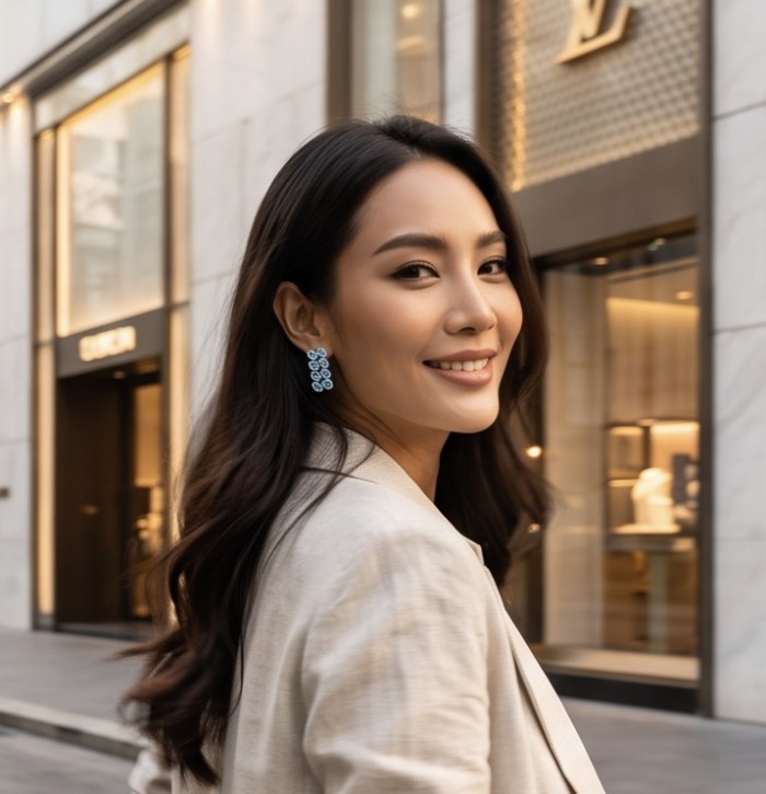 Serenity 27.4 carat genuine Swiss Blue Topaz .925 Sterling Silver handmade Statement Handcrafted earrings - Woman wearing Serenity Swiss Blue Topaz earrings, side view.