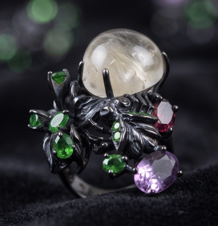 Large Best quality Golden Rutilated Quartz black rhodium over .925 Sterling Silver handcrafted Ring Size 8 1/2 - Close-up of decorative ring with gemstones and golden rutilated quartz.
