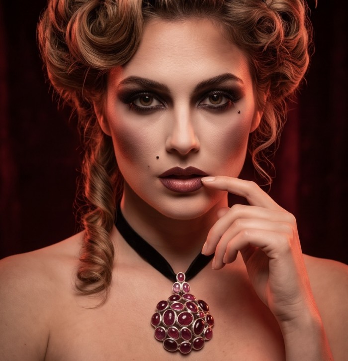 Raspberry Rhapsody - RARE FINDING - 48.7 carat Authentic Kashmir Ruby .925 Sterling Silver handcrafted Pendant Brooch - Woman wearing Raspberry Rhapsody necklace, front view close-up.