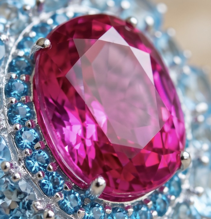 Anastasia 28.2 carat Pink Sapphire .925 Sterling Silver dipped in Rhodium Handcrafted Statement Ring size 8 - Close-up of Anastasia 28.2 carat Pink Sapphire with blue accents.