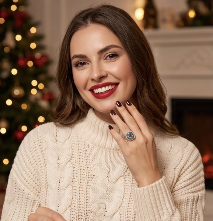 Art Deco 8.6 ctw Ruby Rhodium plated .925 Sterling Silver handcrafted Statement Ring size 8 - Ruby ring worn on hand with festive background