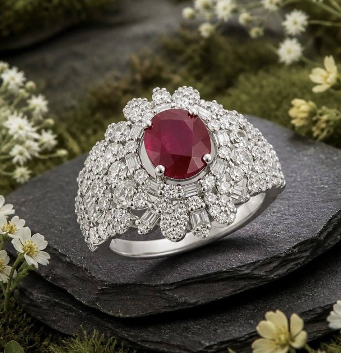 Scarlett 4.8 ctw Mozambique Ruby .925 Sterling Silver handcrafted Statement Ring size 7 - Ruby and diamond ring close-up on slate with flowers