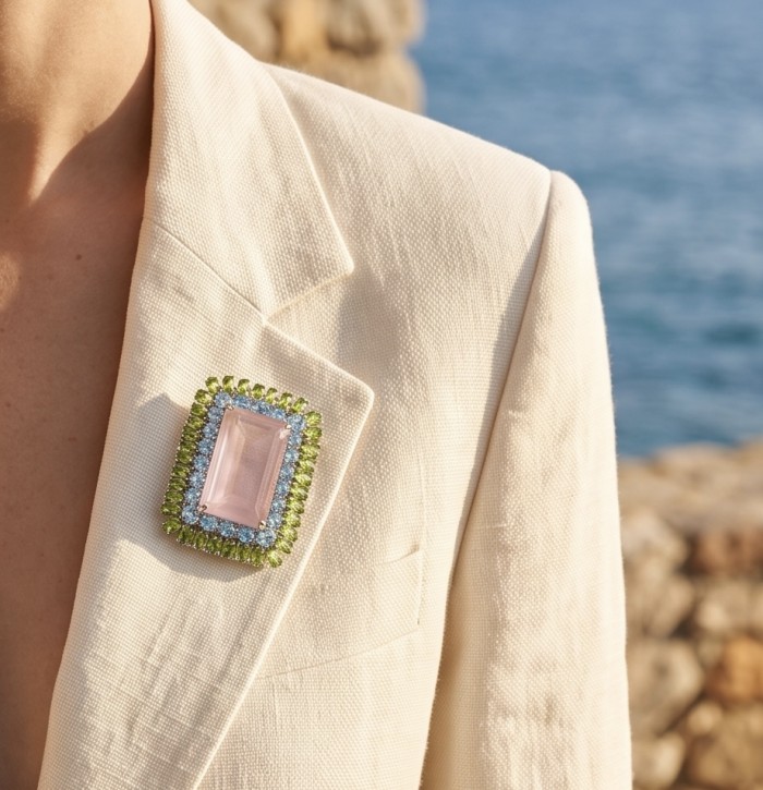 Vintage style Beauty genuine baquette cut 18.5 carat Brazilian Rose Quartz rhodium over .925 Sterling Silver handmade Pendant - Brooch - Brooch worn on blazer, close-up of vintage style Brazilian gemstone.