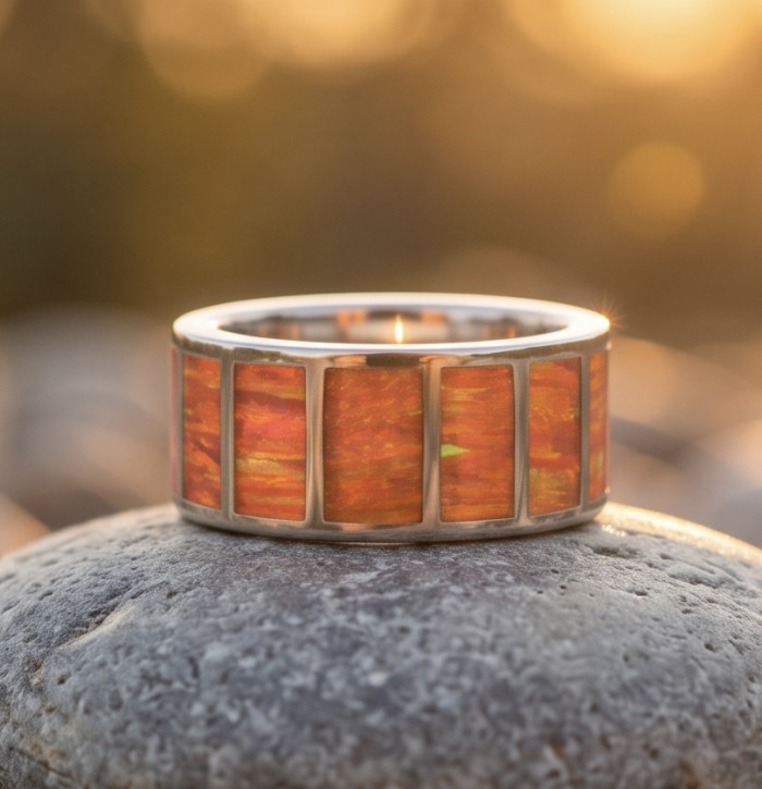 Mystery Genuine inlay Australian Opal rhodium over .925 Sterling Silver handmade Ring size 8 1/2 - Close-up of Mystery Australian Opal ring with rhodium over .925 silver.