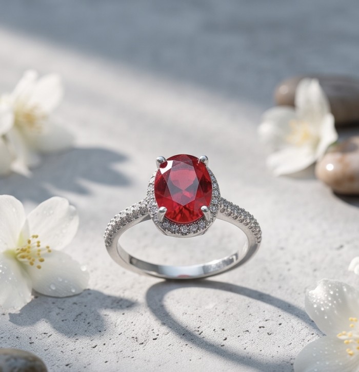Scarlett 4.7 ctw Mozambique Ruby .925 Sterling Silver handcrafted Statement Ring size 6 1/4 - Ruby ring close-up with floral accents on silver band