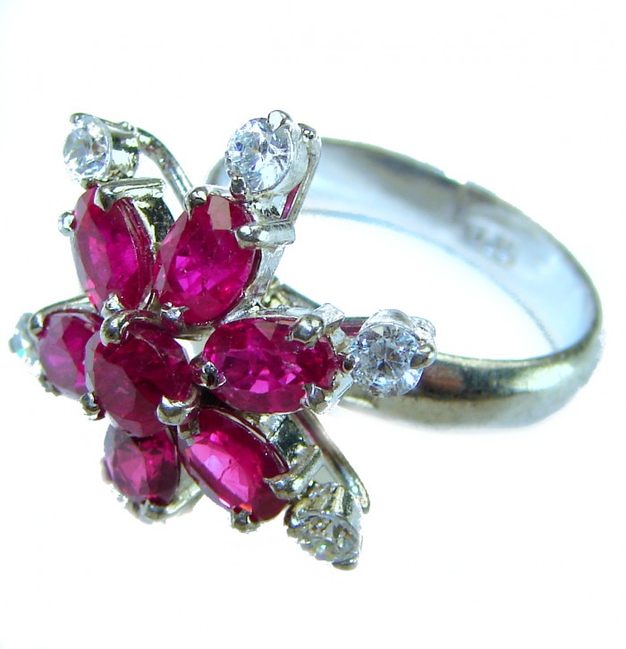 Luxurious Red Flower 10.2 carat genuine Ruby .925 Sterling Silver handcrafted Ring size 8 - photo 2