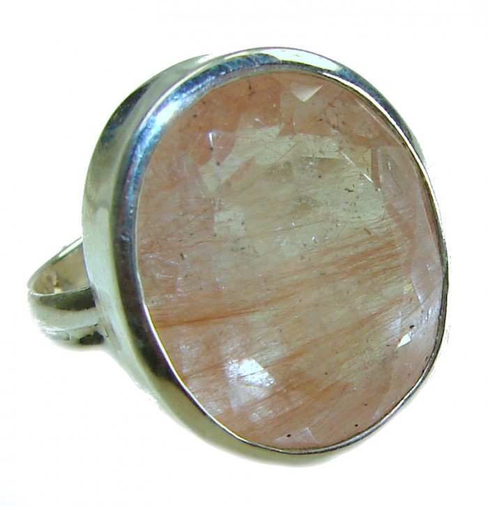 Vintage Design 15.2 carat Golden Rutilated Quartz .925 Sterling Silver handcrafted Ring Size 7 1/4 - Golden Rutilated Quartz ring, stone close-up, side view
