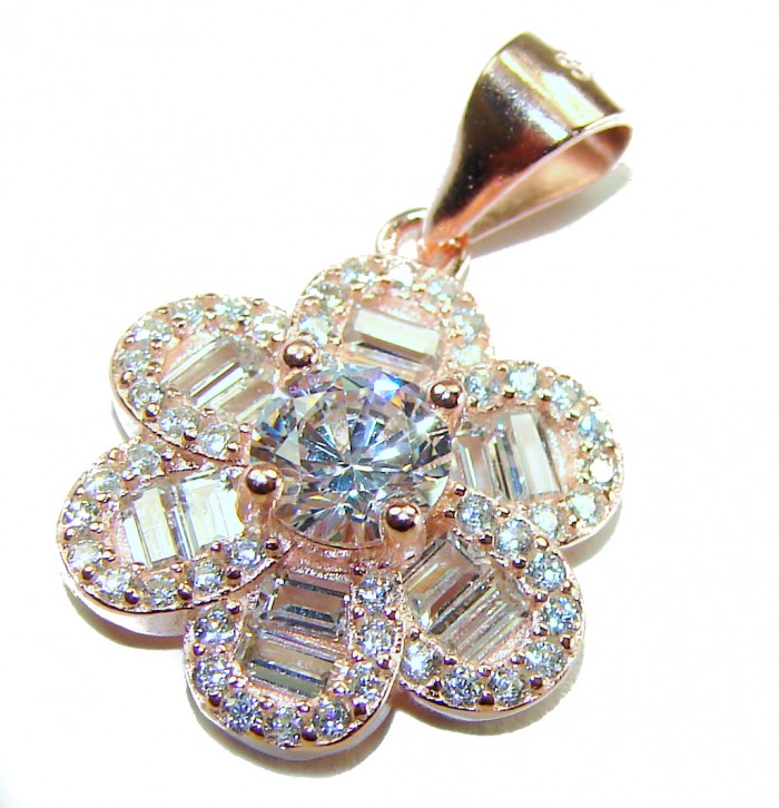 Art deco Floral design2.1 carat White Topaz .925 Sterling Silver dipped in 18K Rose Gold handcrafted Pendant - Floral pendant with white topaz and crystals, front view close-up.