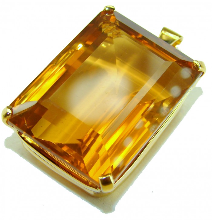 Luxury genuine 52.5 CARAT baquette cut Champagne Topaz .925 Sterling Silver dipped in 18K Gold handmade Pendant - Close-up of luxury 52.5-carat champagne topaz pendant in gold setting.