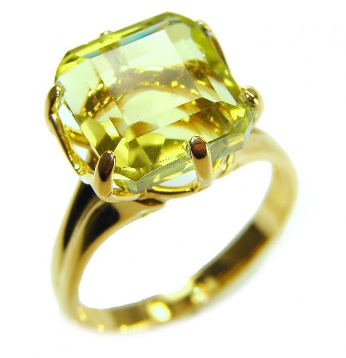 Solid 10.8 carat Genuine Lemon Quartz .925 Sterling Silver DIPPED IN REAL GOLD handcrafted ring size 6 - Close-up of lemon quartz ring, side view, set in .925 sterling silver.