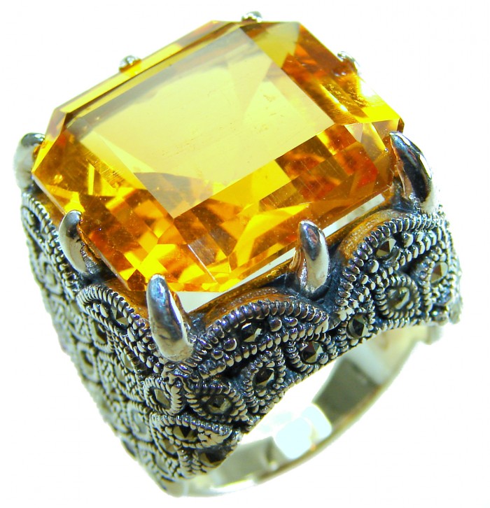Solid 24.8 carat Genuine Golden Topaz .925 Sterling Silver handcrafted ring size 7 - Close-up of golden topaz sterling silver ring.