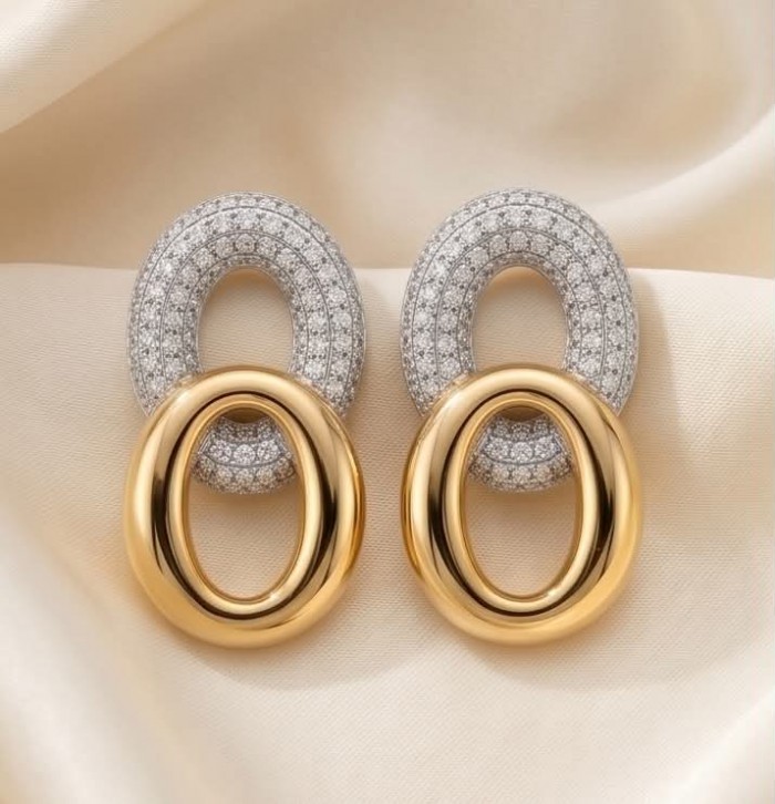TIFFANY - LUXURIUS - Natural 22K Gold over .925 Sterling Silver handmade earrings - Elegant earrings, front view, gold and diamond details displayed