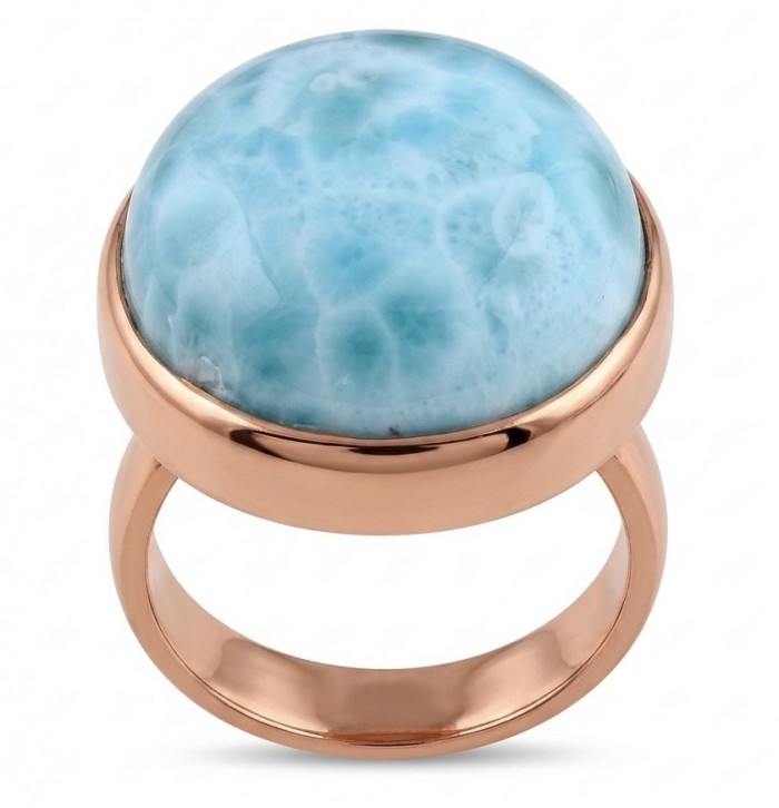 Perfection 22.9 carat Blue Larimar 22K Rose Gold over .925 Sterling Silver handmade ring size 8 adjustable - Blue Larimar ring, 22K rose gold, top view
