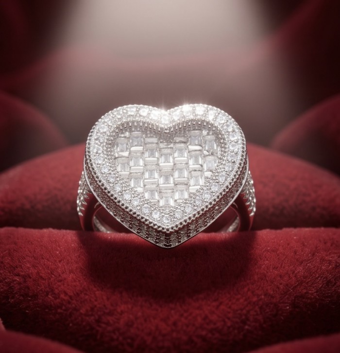 Art Deco Precious Heart - 10.5 carat White Sapphire .925 Sterling Silver Handcrafted Statement Ring size 7 1/2 - Close-up of heart-shaped white sapphire ring on red velvet background.