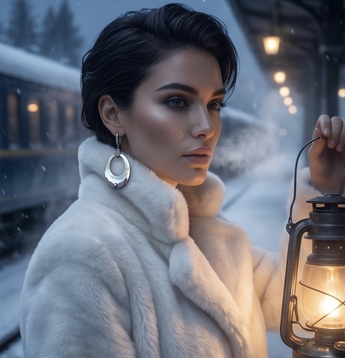 Vintage design Genuine Rainbow Abalone .925 Sterling Silver dipped in black rhodium handcrafted Large Statement Earrings - Woman wearing silver earrings holding lantern at snowy train station.