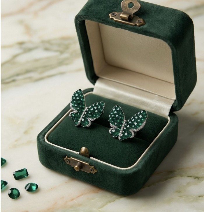 Incredible Butterflies genuine mystery setting 15.5 CARAT Emerald .925 Sterling Silver handcrafted Earrings - Butterfly earrings in green velvet box surrounded by gemstones