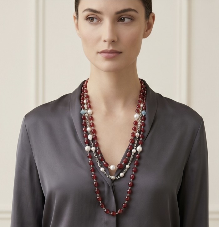 Sublime 32 inches long Red Fossilized Coral handmade Necklace - Model wearing Sublime 32" Red Fossilized Coral Necklace, front view.