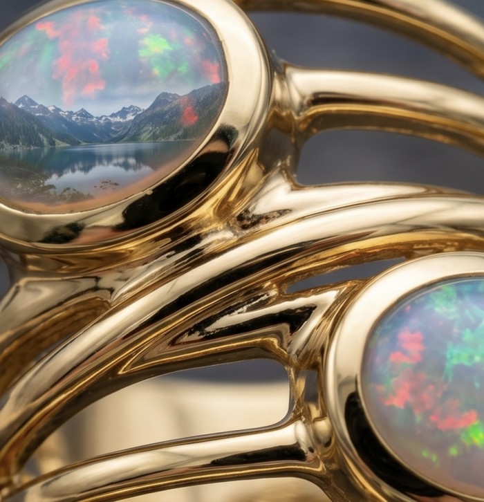 Golden Galaxy Genuine 5.8 carat Ethiopian Opal 14K Gold over .925 Sterling Silver handmade Ring size 7 - Stone close-up of Golden Galaxy Ethiopian Opal in 14K gold setting.