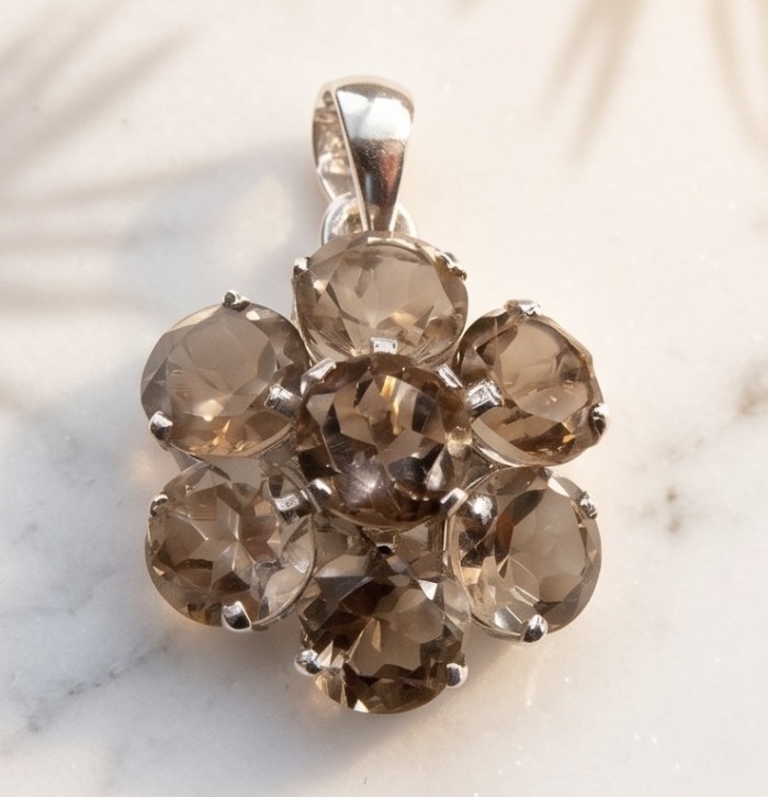 Penelope - 15.5 carat Smoky Topaz rhodium over .925 Sterling Silver handmade Pendant - Smoky Topaz pendant close-up, flower design, rhodium over .925 sterling.