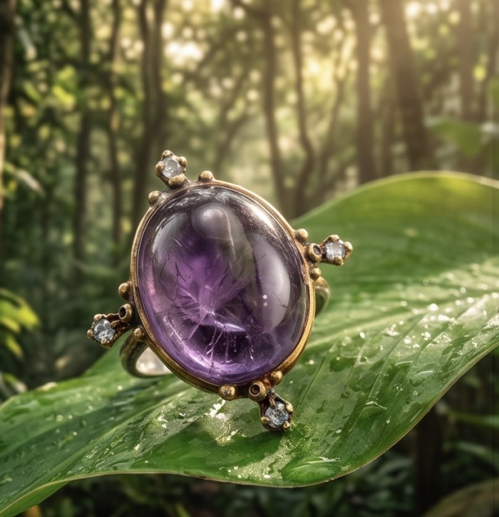 Vintage Beauty - highly protective 27.5 carat Amethyst .925 Sterling Silver dipped in 18K Gold Handcrafted Large Ring size 9 - Close-up of vintage amethyst ring on leaf in a forest setting.