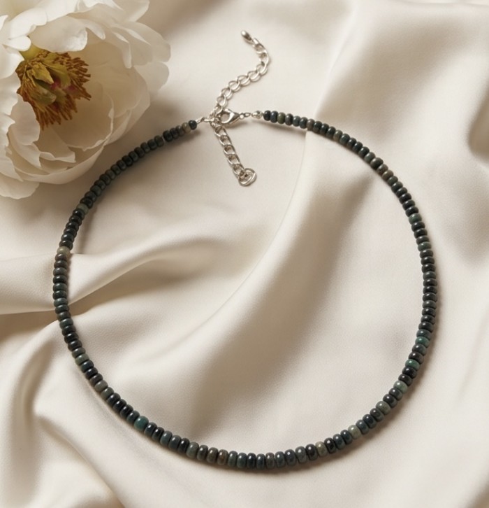 Mystery 22.2 carat Black Opal .925 Sterling Silver .925 Sterling Silver Statement Necklace - Black Opal necklace on fabric, showing full length with clasp detail.