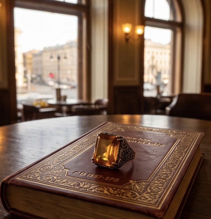 Serenity Natural 29.4 carat GOLDEN Topaz Marcasite .925 Sterling Silver handmade Large Statement Ring size 8 - Golden topaz ring on ornate book in a cozy room with large windows.
