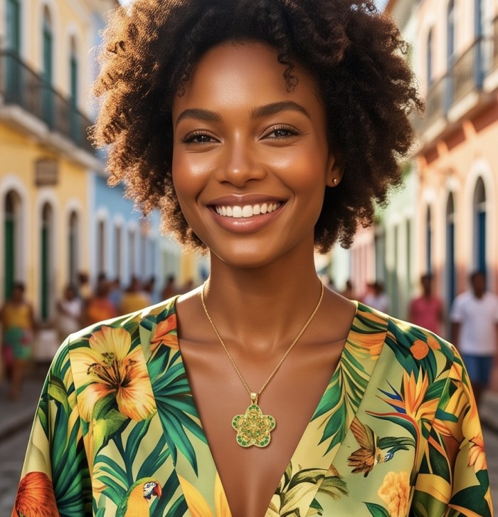 Amzonia - Authentic 8.5 carat Peridot Tsavorite Garnet 18K Gold over .925 Sterling Silver handmade Statement Pendant - Woman wearing Amzonia 18K gold necklace, front view, vibrant background.