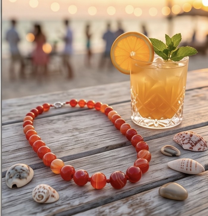 Talisman to banish fear and inspire action - Natural Carnelian Agate .925 Sterling Silver MASSIVE Necklace - Carnelian necklace on beach table with cocktail, shells, and sunset backdrop.