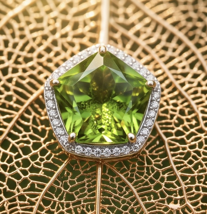 Stylish REAL Leaf dipped in Rose Gold 11.5 carat Garnet .925 Sterling Silver Pendant - Close-up of green garnet pendant with rose gold leaf background