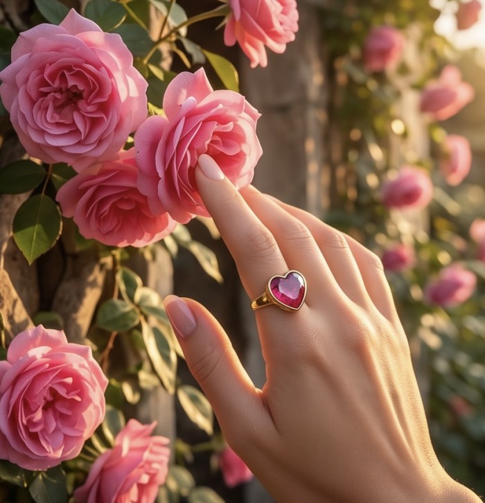 Always on my Mind Natural heart shape 22.7 carat Ruby .925 Sterling Silver dipped in 22K Gold handmade Statement Ring size 8 - Ruby heart-shaped ring worn on hand, pink rose background