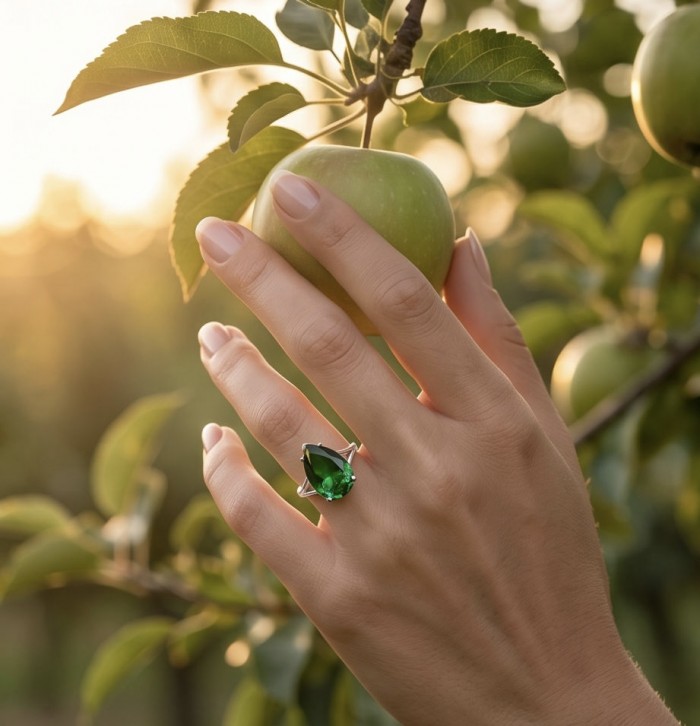 Green Royalty Natural 21.6 carat Chrome Diopside .925 Sterling Silver ring size 5 1/2 - Hand wearing green chrome diopside ring near apple tree, outdoor setting.