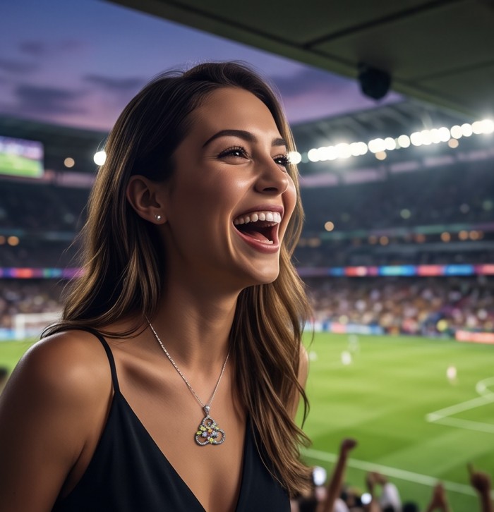 Colors of the Earth Precious 18.5 carat Multigem Rhodium over .925 Sterling Silver Statement Pendant - Multigem necklace worn at a stadium, woman smiling, evening scene.