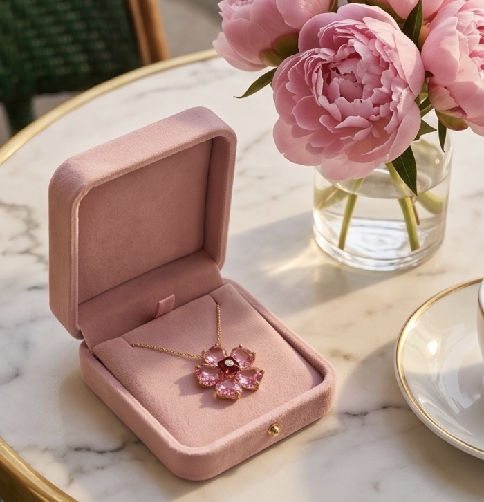Cherry Blossom 28.5 carat Pink Topaz 14K Gold over .925 Silver handcrafted Statement necklace - Pink topaz flower necklace in pink box, top view, on marble table.