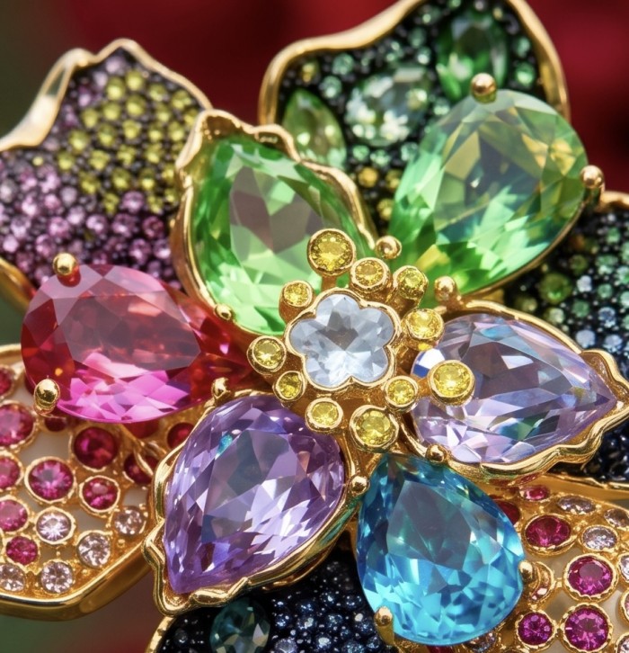 Wonderland 68.5 carat multicolor Topaz 14K Gold over .925 Silver handcrafted Statement necklace - Close-up of multicolor topaz flower design in 14K gold setting.