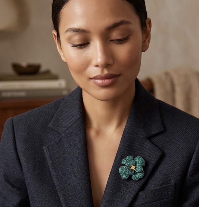 Retro Style - Precious Rose Genuine 24.2 carat Colombian Emerald black rhodium over .925 Sterling Silver handmade Pendant - Brooch - Woman wearing brooch with green floral design on dark jacket.