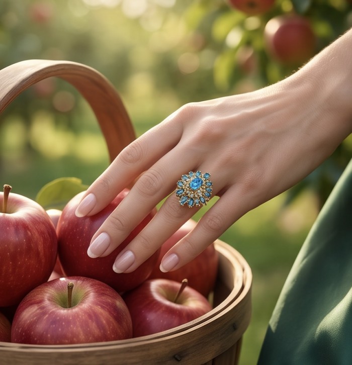 Oceania 10.9 carat authentic London Blue Topaz 22K Gold over .925 Sterling Silver Handcrafted Ring size 7 - Worn on hand, Oceania 10.9 carat London Blue Topaz ring with apples.
