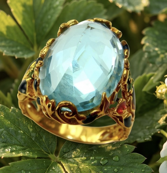 Nirvana Natural Fancy Rose cut 22.8 carat Swiss Blue Topaz .925 Sterling Silver dipped in 22K Gold handmade Statement Ring size 7 1/4 - Close-up of Swiss Blue Topaz ring with ornate gold setting