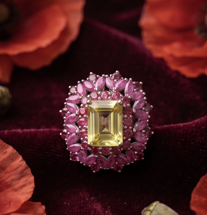 Francesca Authentic 8.9 carat Brazilian Citrine Mozambique Ruby .925 Sterling Silver brilliantly handcrafted Statement Statement ring; s. 8 3/4 - Close-up of Francesca ring with citrine and pink gemstones on velvet background