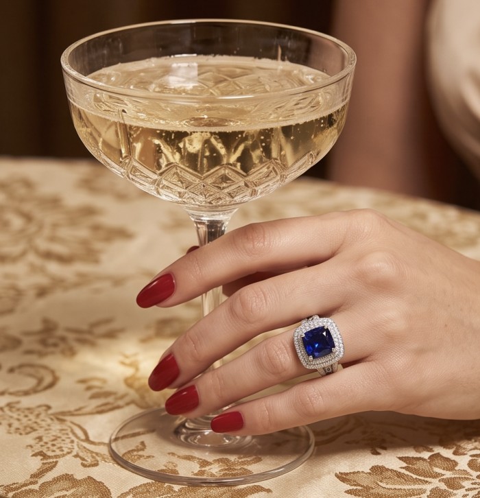 The Star of Kashmir princess cut 15.6 carat Sapphire .925 Sterling Silver handmade Statement ring size 8 - Sapphire ring worn on hand holding a champagne glass.